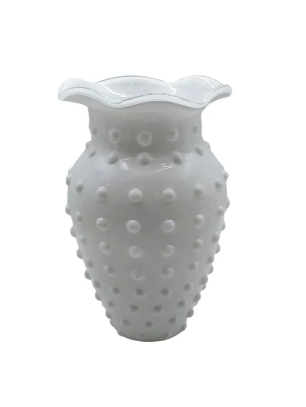 Hand Blown Glass Vase White Hobnail Textured Ruffled Studio Art Retro Vintage